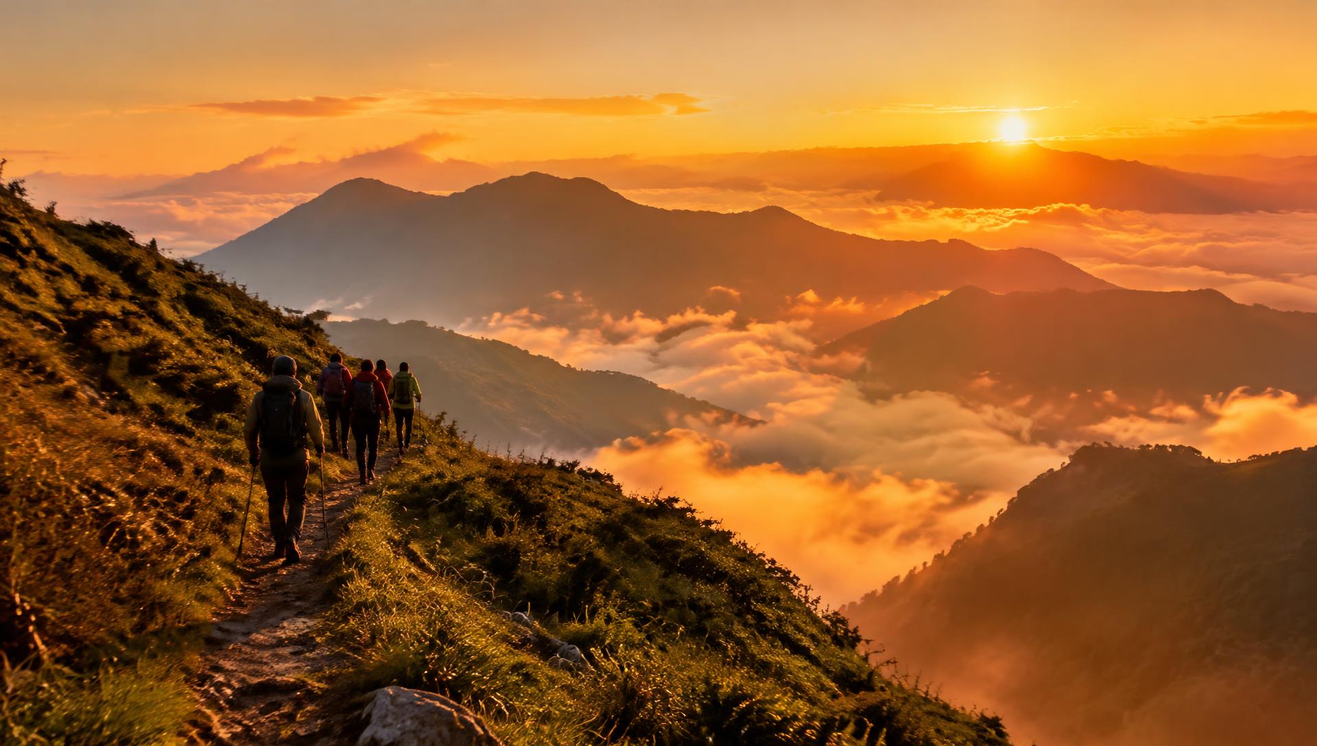 Randonneurs sur un sentier des Andes au lever du soleil