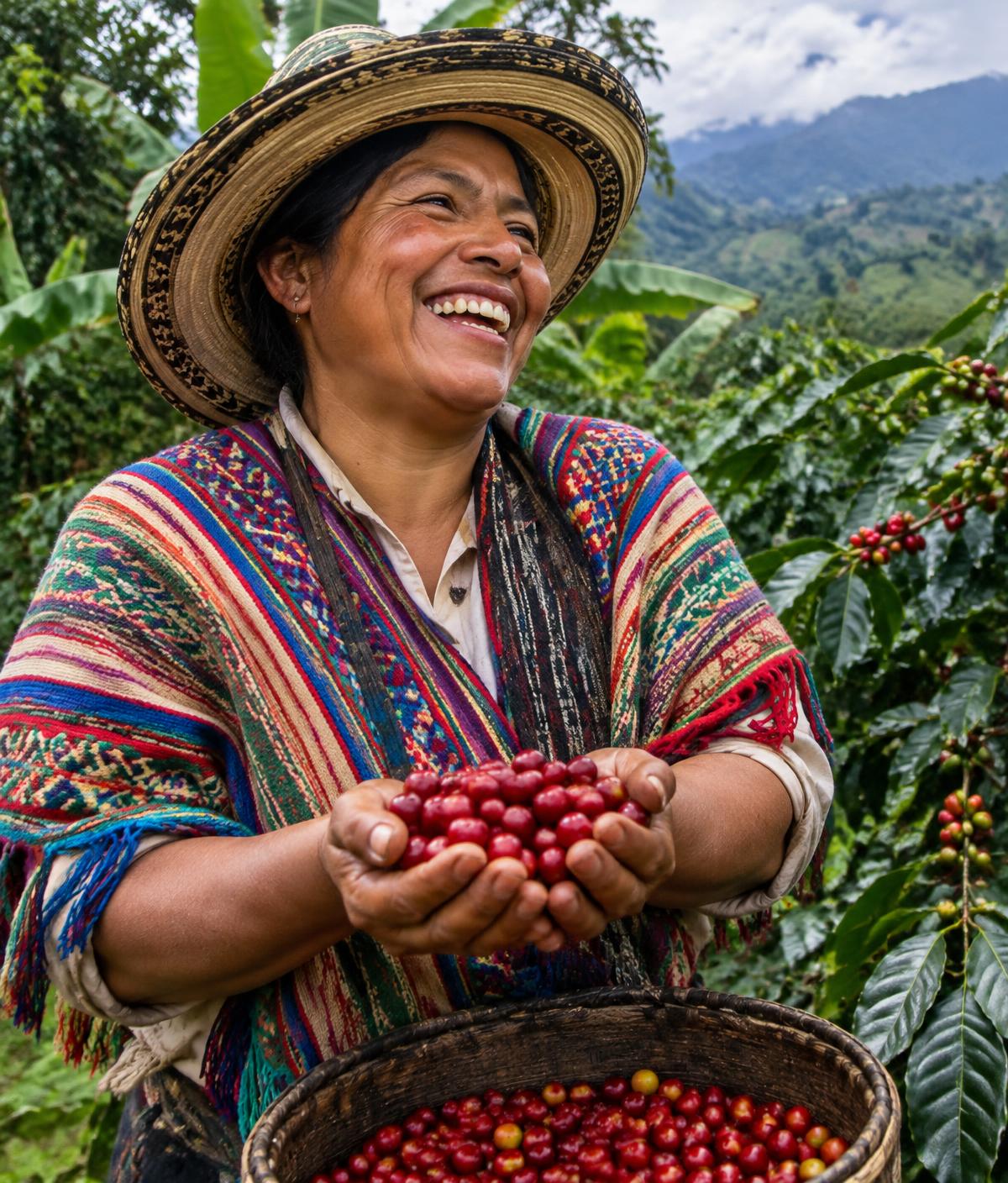 Productrice colombienne souriante tenant des cerises de café