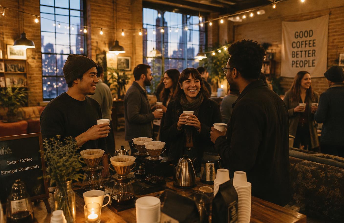 Soirée café communautaire dans un loft aux lumières chaleureuses