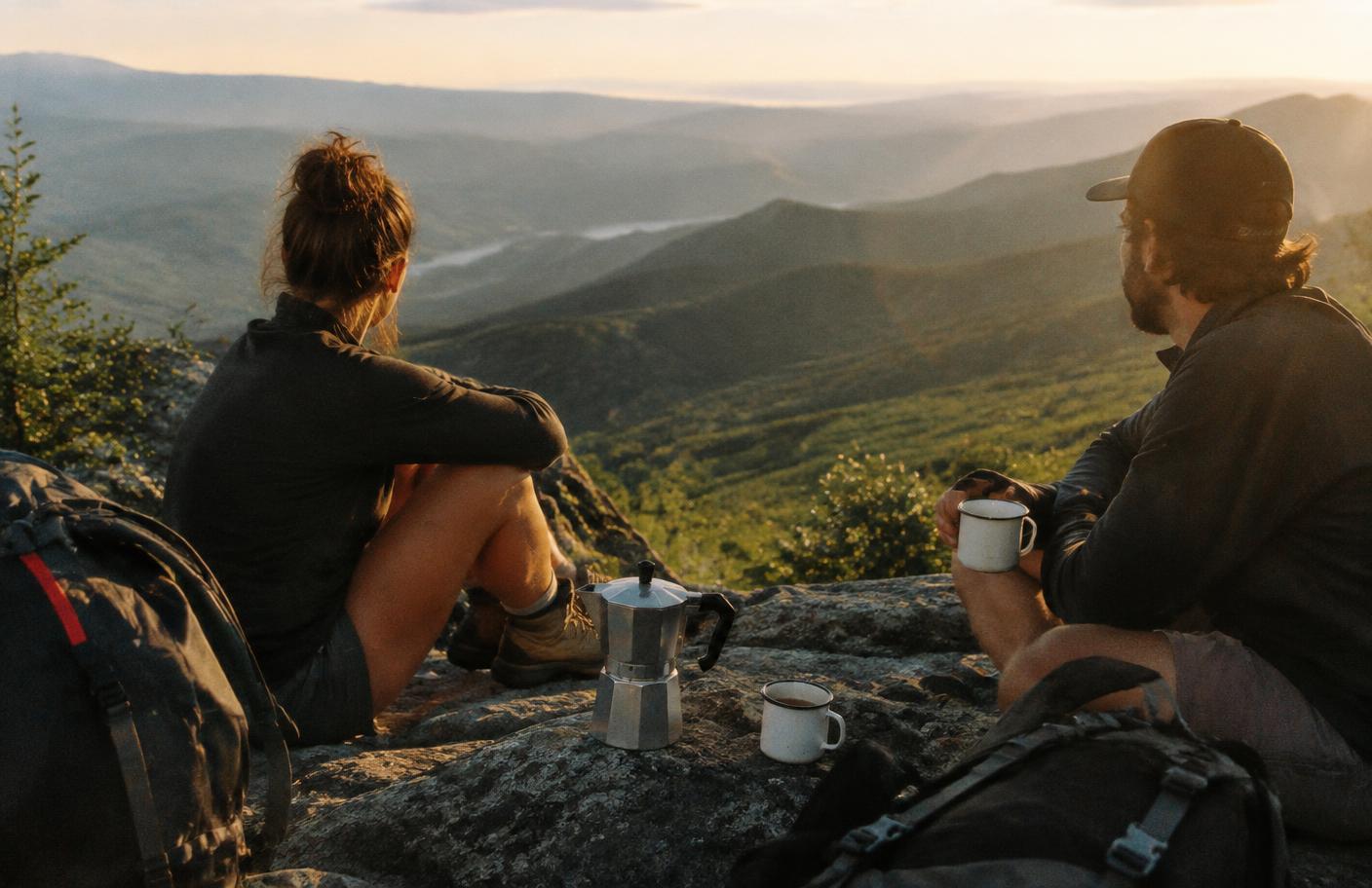 Randonneurs assis à un point de vue avec une cafetière italienne fumante