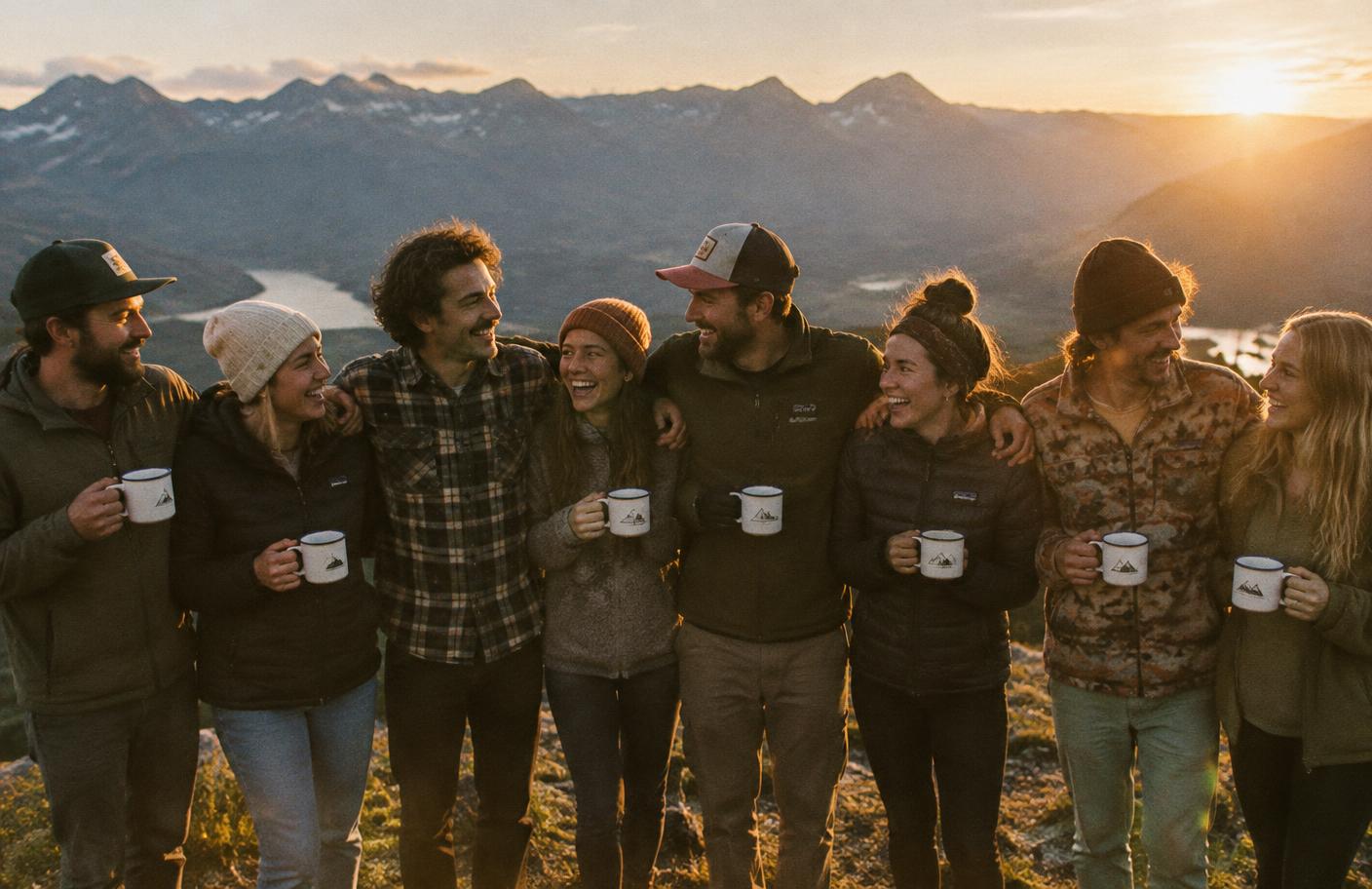 Grand groupe d'amis bras dessus bras dessous au coucher du soleil, tasses de café à la main