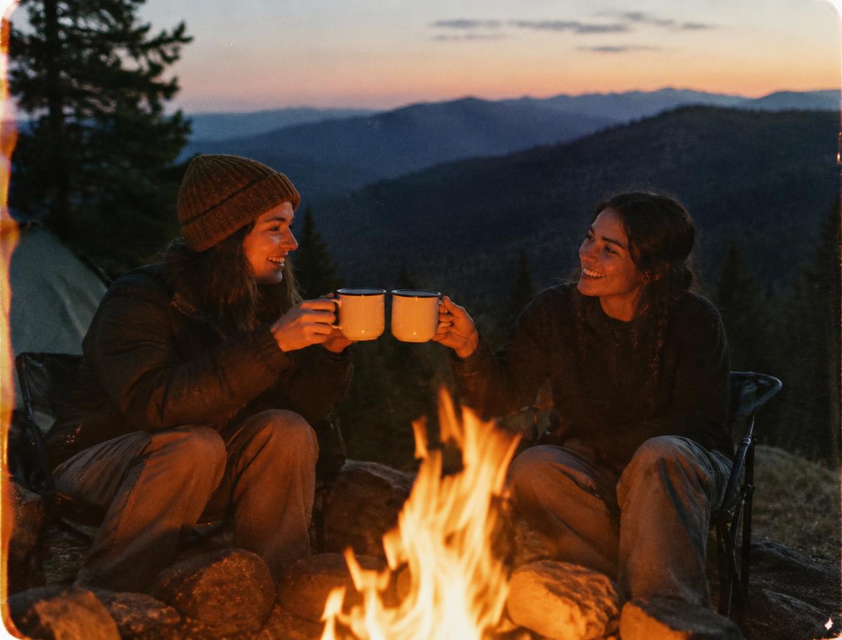 Deux amis choquant leurs tasses en émail près d'un feu de camp au crépuscule