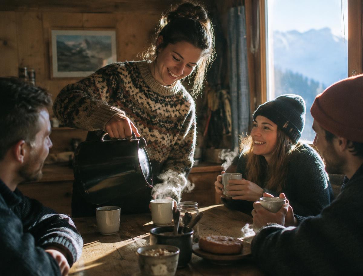 Jeune femme souriante servant du café à des amis autour d'une table en bois dans un refuge de montagne