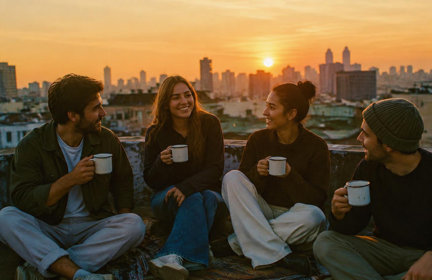 Groupe d'amis sur un toit au coucher du soleil, tasses en émail à la main